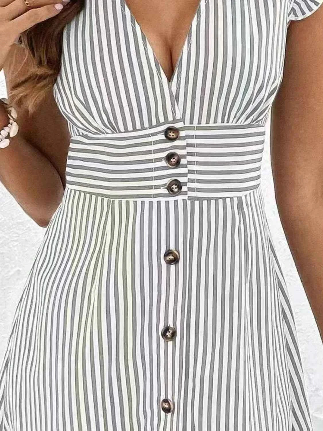 Striped Button Front Cap Sleeve Dress