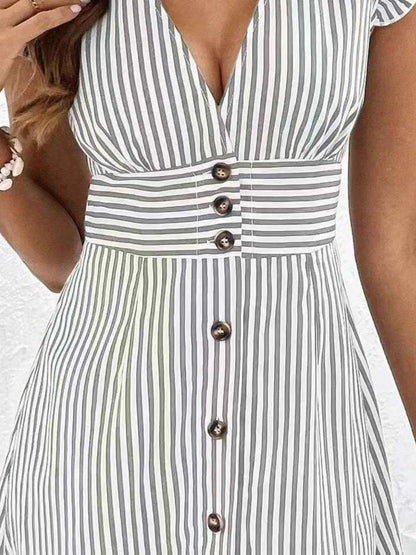 Striped Button Front Cap Sleeve Dress