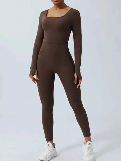Twisted Backless Long Sleeve Jumpsuit Chocolate