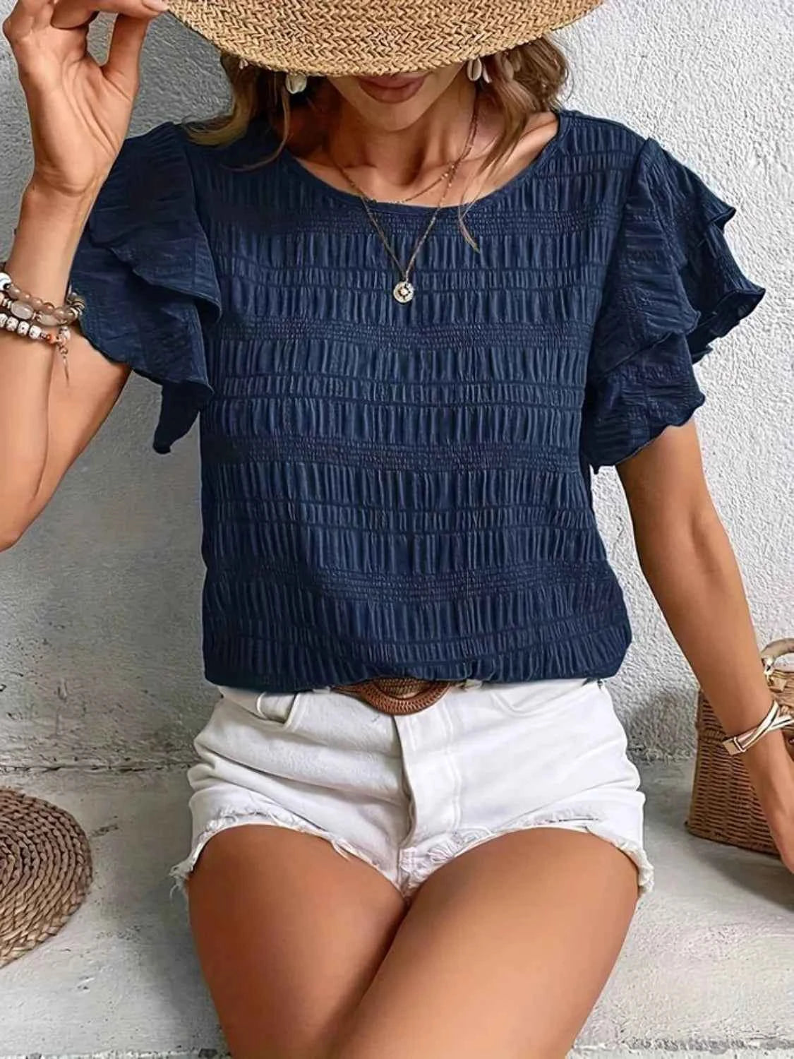 Round Neck Ruffled Short Sleeve Top