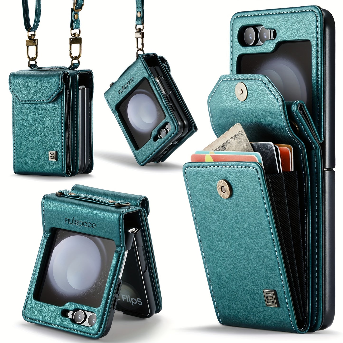 Crossbody Case for Samsung Galaxy Z Flip 3/4/5 - Vintage Faux Leather Strap, Magnetic Closure & Card Holder - Unisex Design in Black Green Samsung Galaxy Z Flip 5