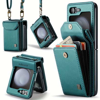 Crossbody Case for Samsung Galaxy Z Flip 3/4/5 - Vintage Faux Leather Strap, Magnetic Closure & Card Holder - Unisex Design in Black Green Samsung Galaxy Z Flip 5