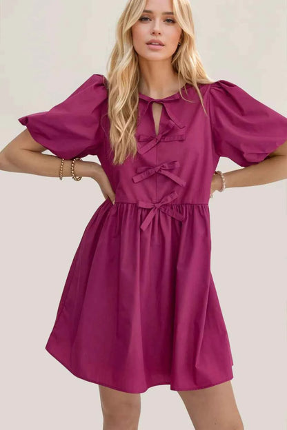 Oh Bow Ruched Puff Sleeve Mini Dress Cerise