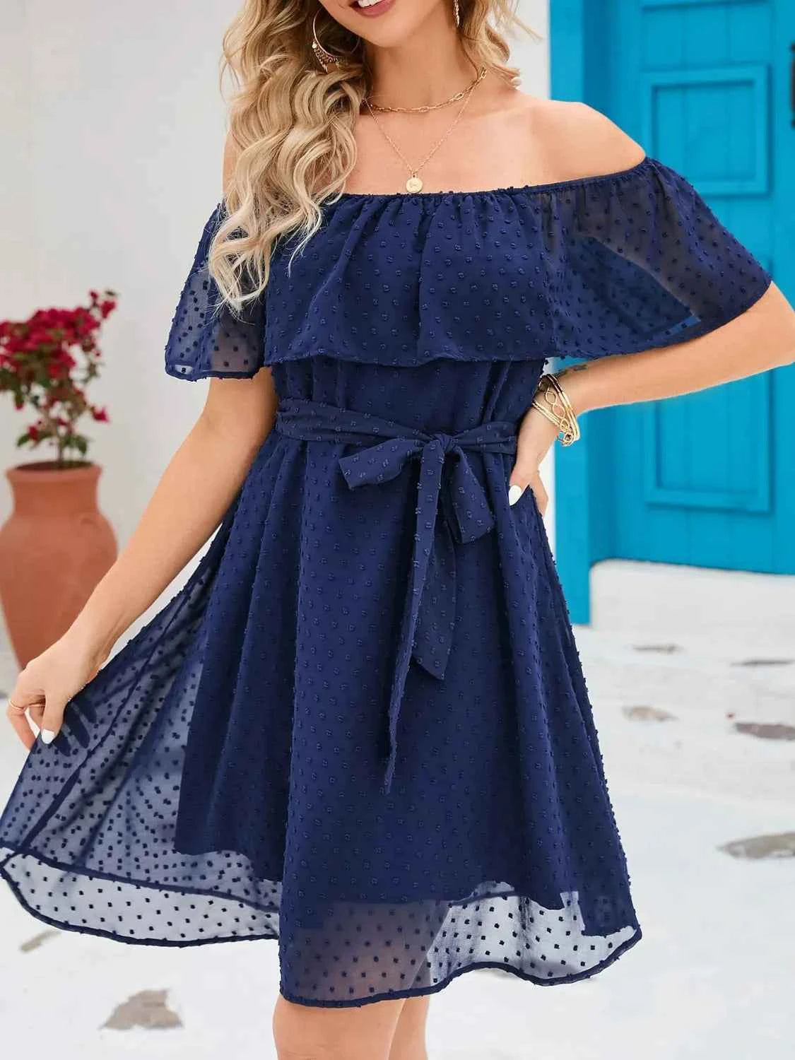 Off Should Short Sleeve Mini Dress