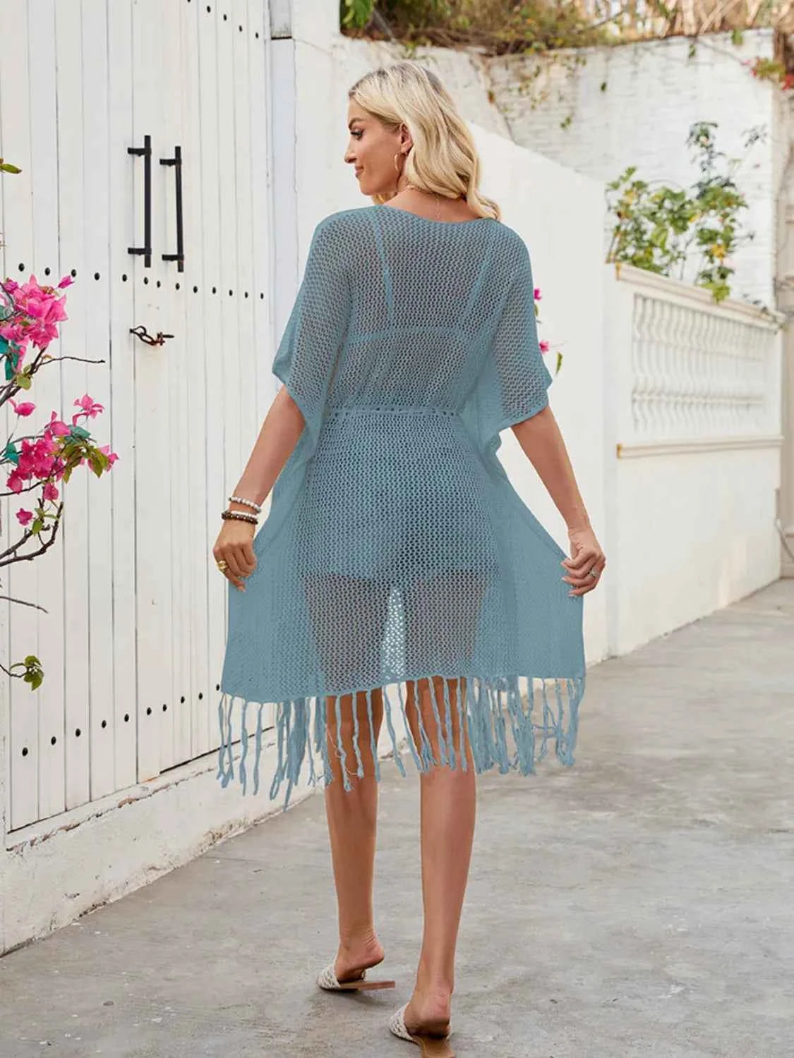 Openwork Fringe Slit Front Knit Cover Up