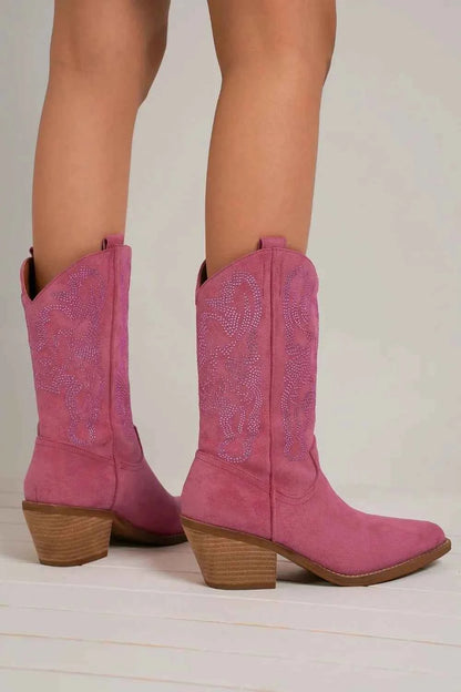 Beast Fashion Rhinestone Detail Point Toe Boots Cerise