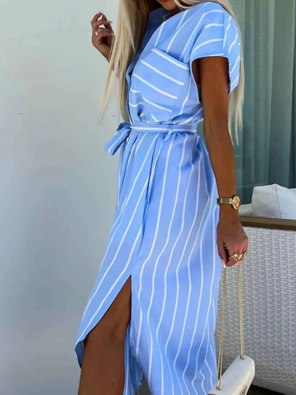 Striped Tie Waist Short Sleeve Dress