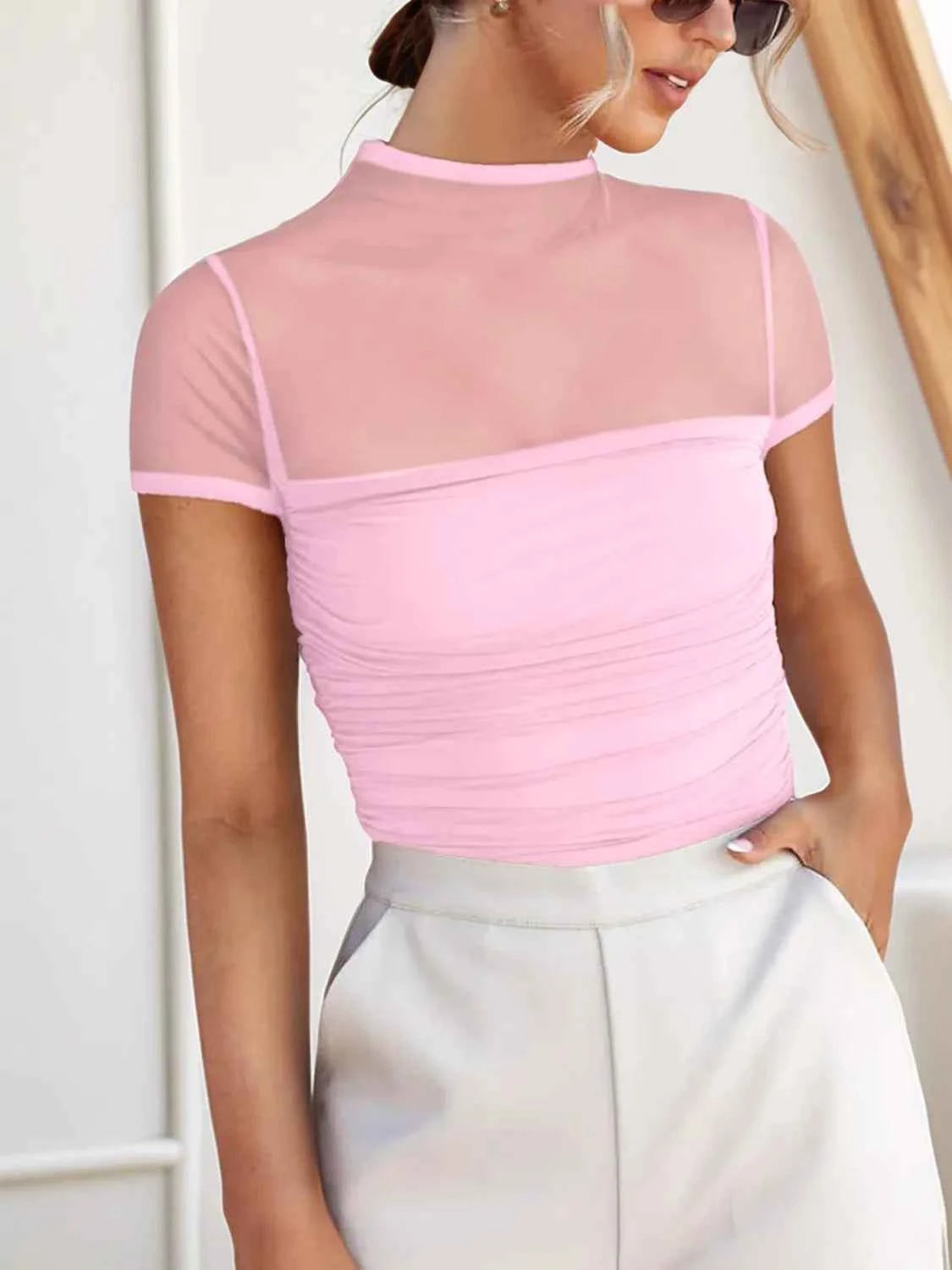 Mesh Mock Neck Short Sleeve T-Shirt Pink