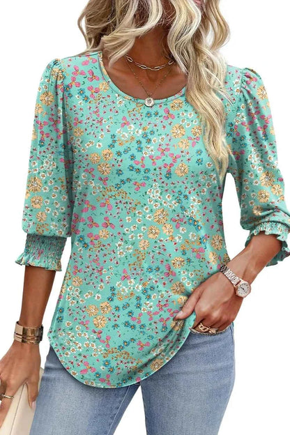 Printed Round Neck Three-Quarter Sleeve Blouse