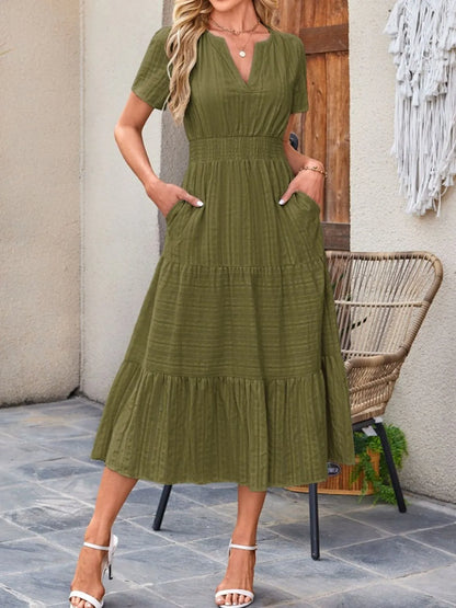 Tiered Notched Short Sleeve Dress Moss