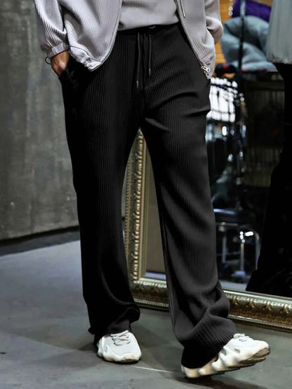 Men's Full Size Ribbed Drawstring Wide Leg Pants with Plus Size Black