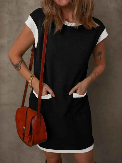 Round Neck Cap Sleeve Mini Dress Black