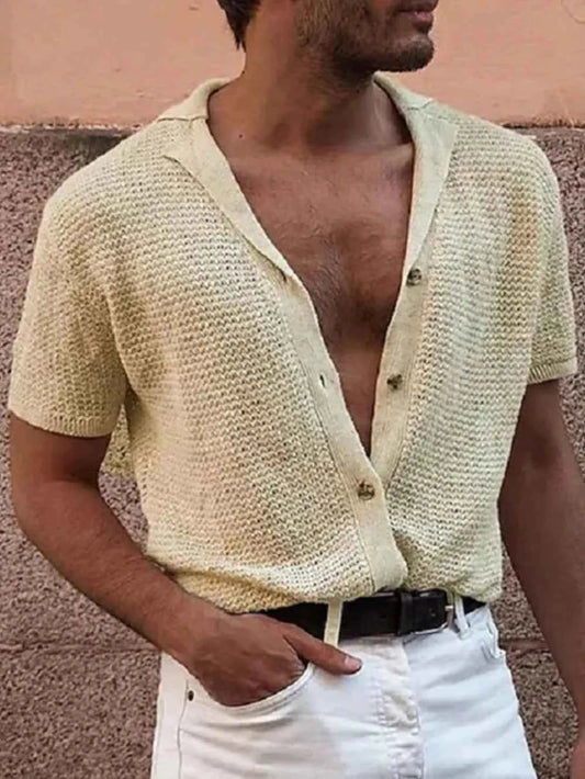 Men's Full Size Button Down Short Sleeve Shirt Plus Size Beige