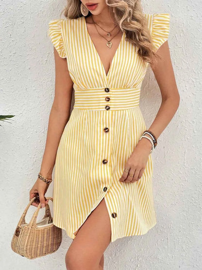 Striped Button Front Cap Sleeve Dress Canary Yellow