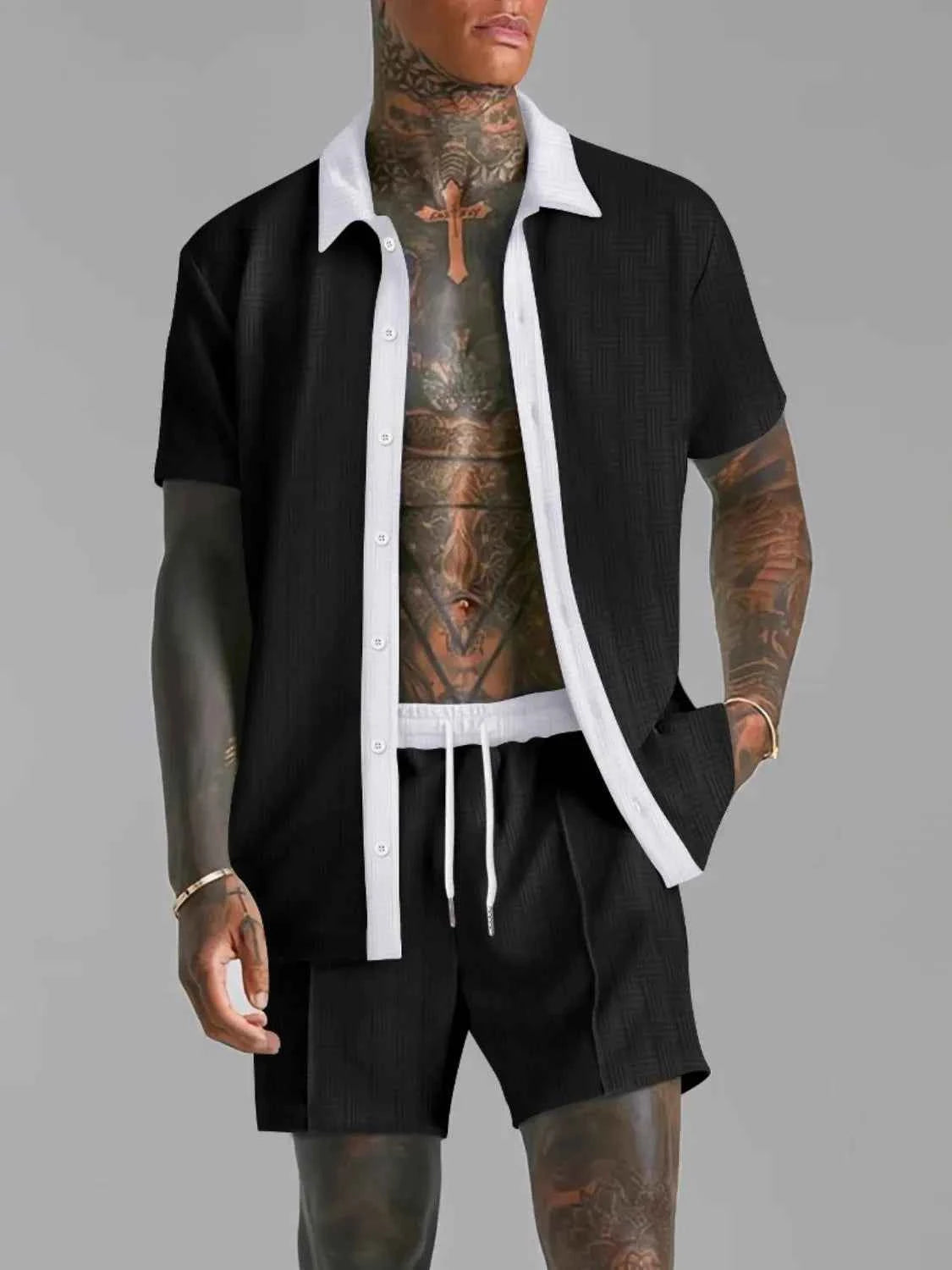 Men's Full Size Collared Neck Short Sleeve Top and Shorts Set Plus Size