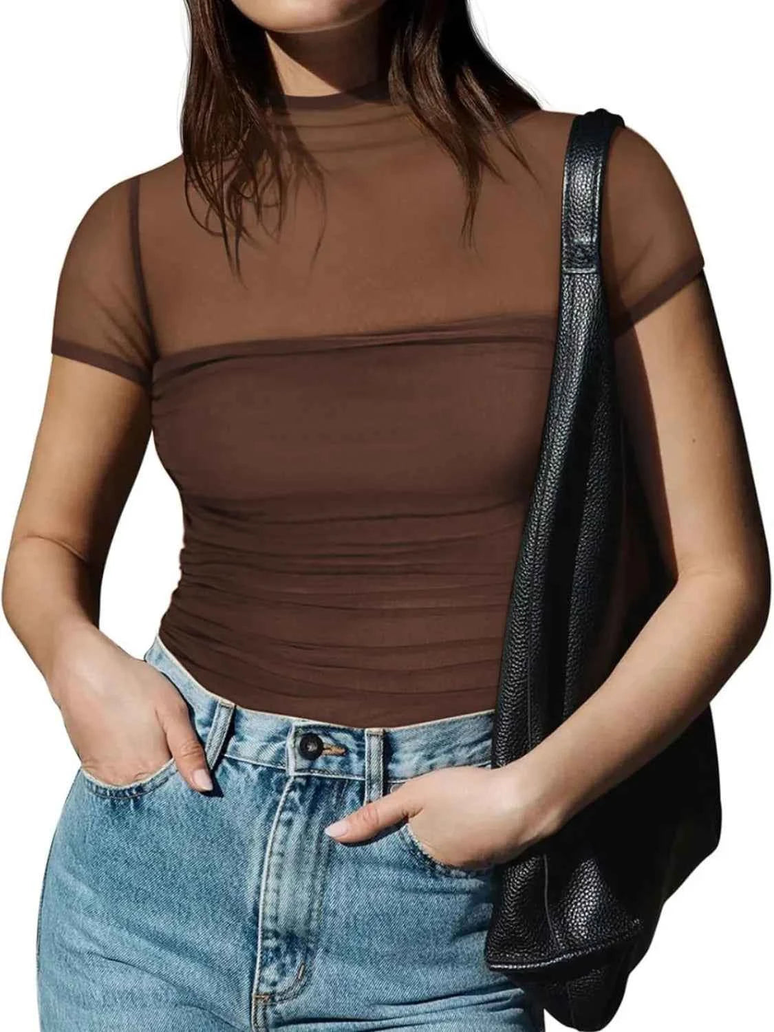 Mesh Mock Neck Short Sleeve T-Shirt