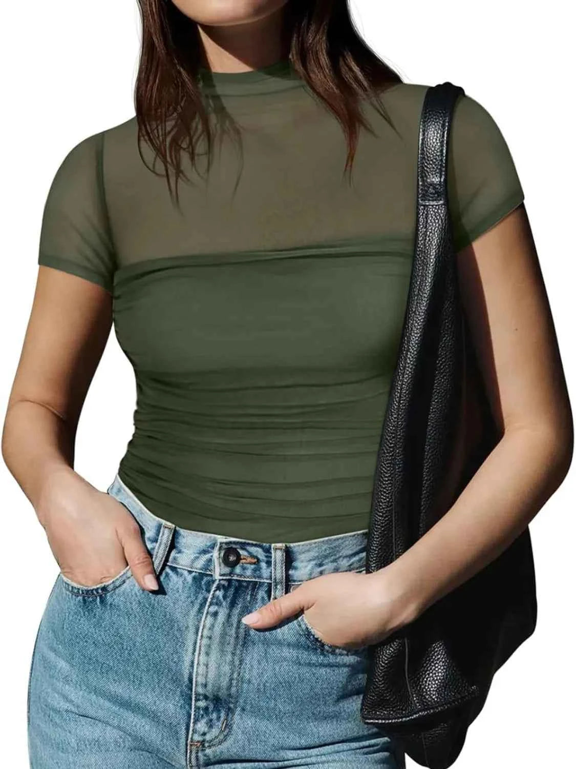 Mesh Mock Neck Short Sleeve T-Shirt
