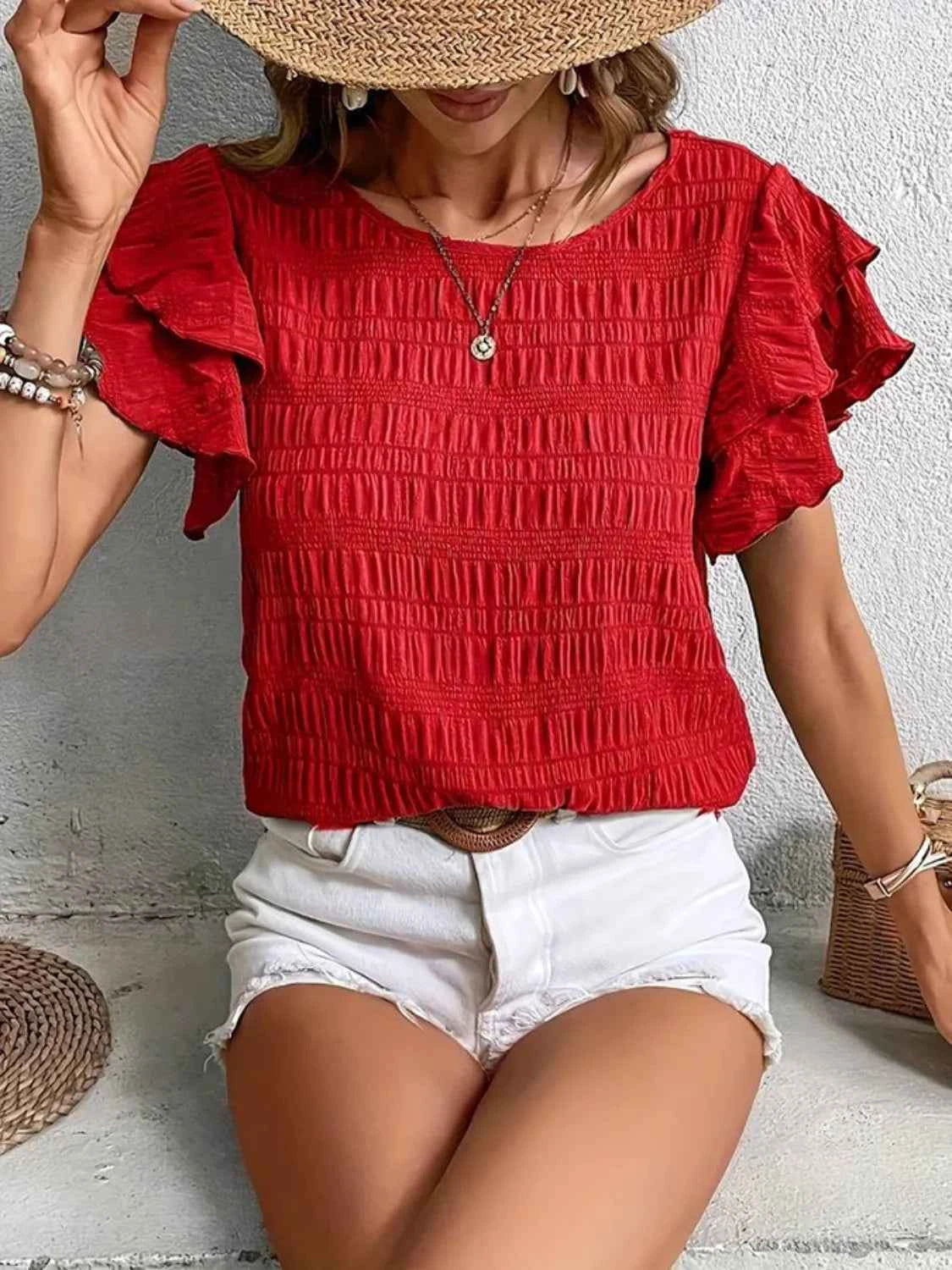 Round Neck Ruffled Short Sleeve Top
