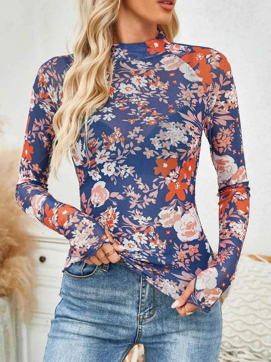 Floral Mock Neck Long Sleeve Top Light Indigo