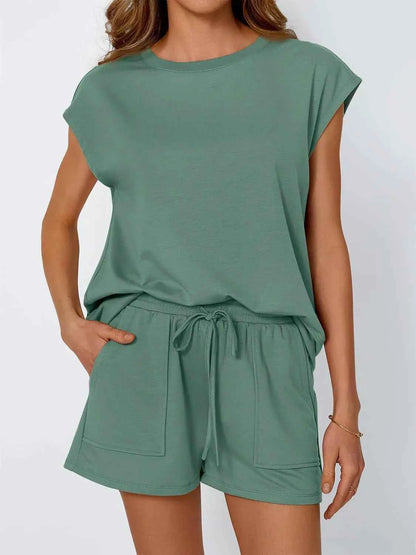 Round Neck Cap Sleeve Top and Shorts Set Air Force Blue