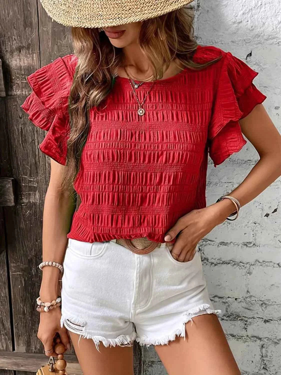 Round Neck Ruffled Short Sleeve Top