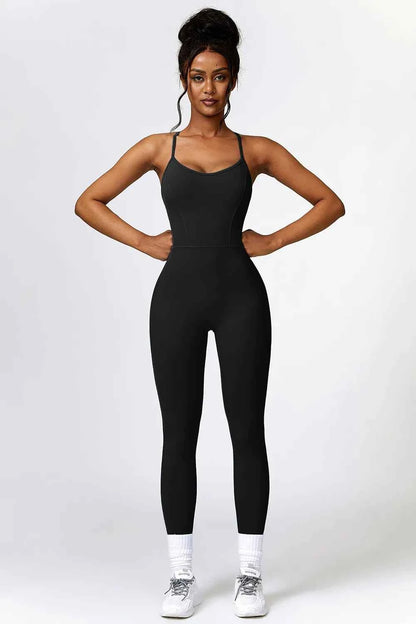 Basic Bae Open Back Spaghetti Strap Active Jumpsuit Black