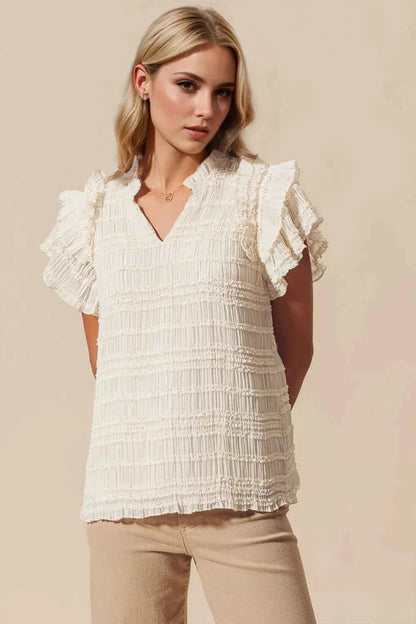 Oh Full Size Frill Notched Flounce Sleeve Blouse Ivory