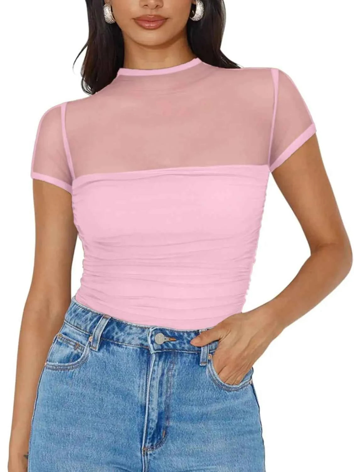 Mesh Mock Neck Short Sleeve T-Shirt