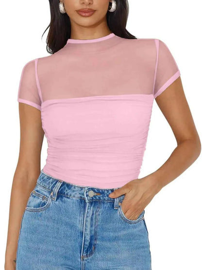 Mesh Mock Neck Short Sleeve T-Shirt
