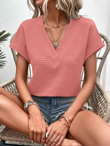 Textured Solid Color Short Sleeve Top