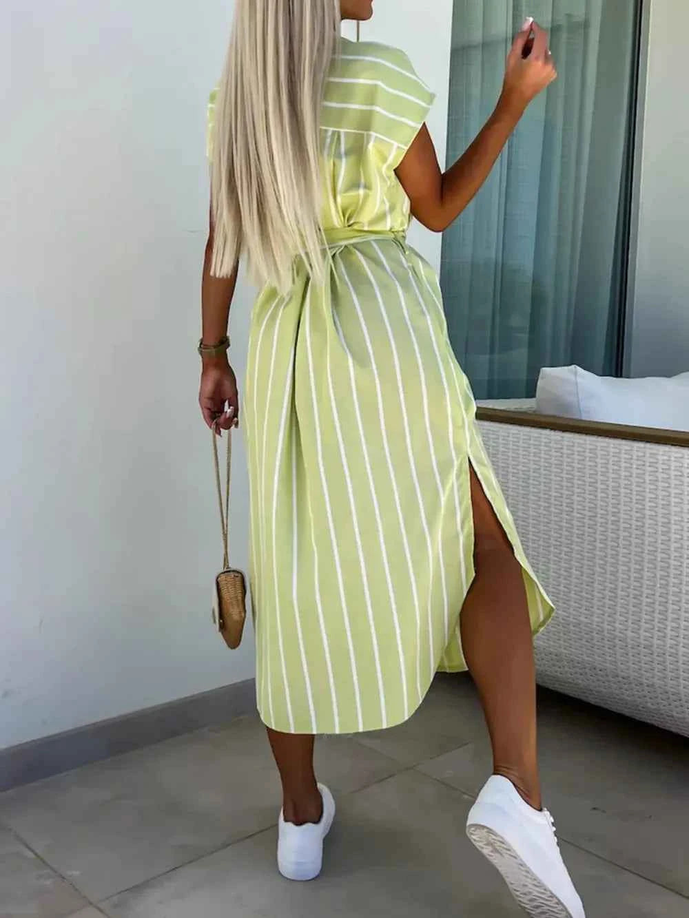 Striped Tie Waist Short Sleeve Dress