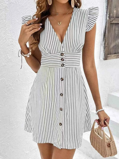 Striped Button Front Cap Sleeve Dress Gray