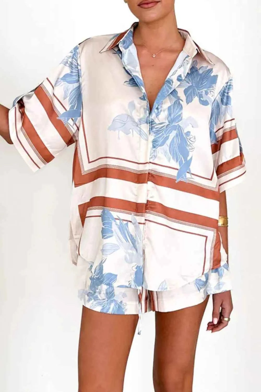 Printed Collared Neck Top and Shorts Set