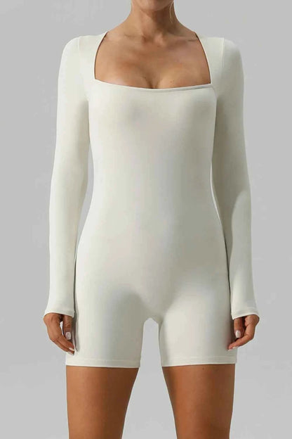 Square Neck Long Sleeve Active Romper Ivory