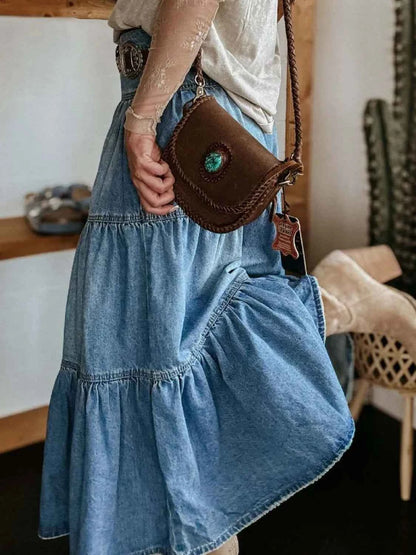 Ruched Button Fly Denim Skirt