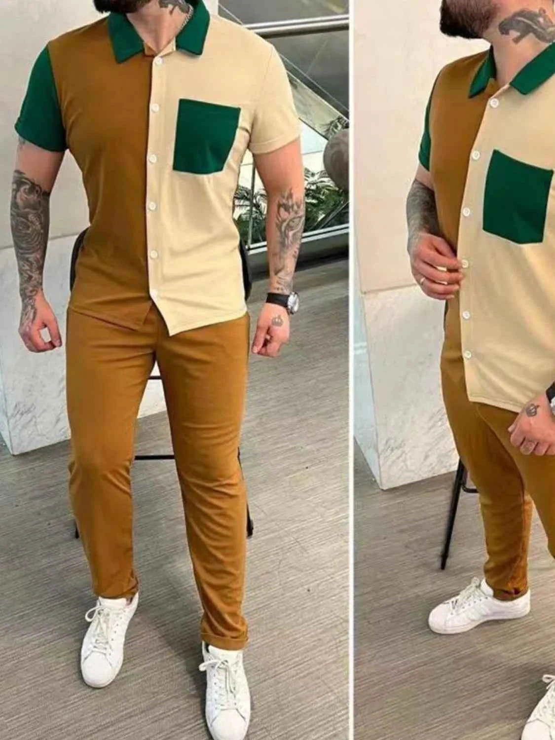 Men's Full Size Button Up Short Sleeve Top and Pants Set Plus Size