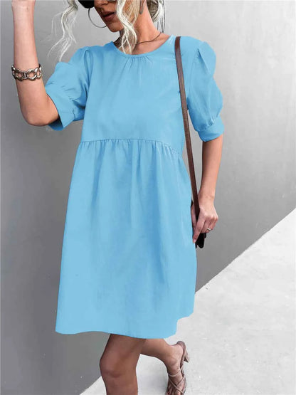 Round Neck Puff Sleeve Mini Dress