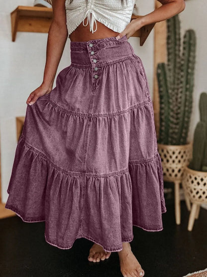 Ruched Button Fly Denim Skirt