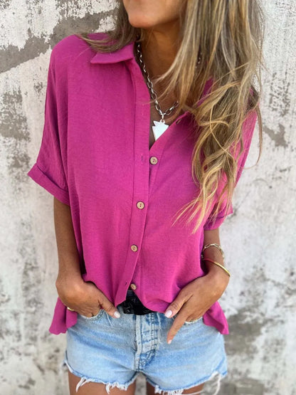 Full Size Collared Neck Half Sleeve Shirt Plus Size Red-Violet