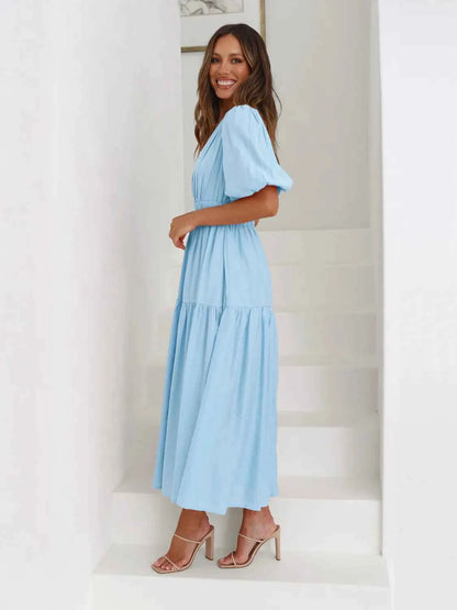 Surplice Half Puff Sleeve Midi Dress