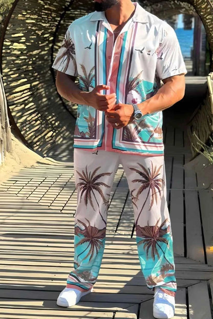 Men's Full Size Printed Short Sleeve Top and Pants Set Plus Size Blush Pink