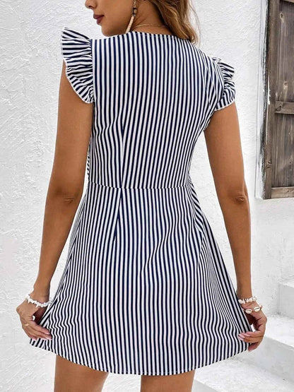 Striped Button Front Cap Sleeve Dress