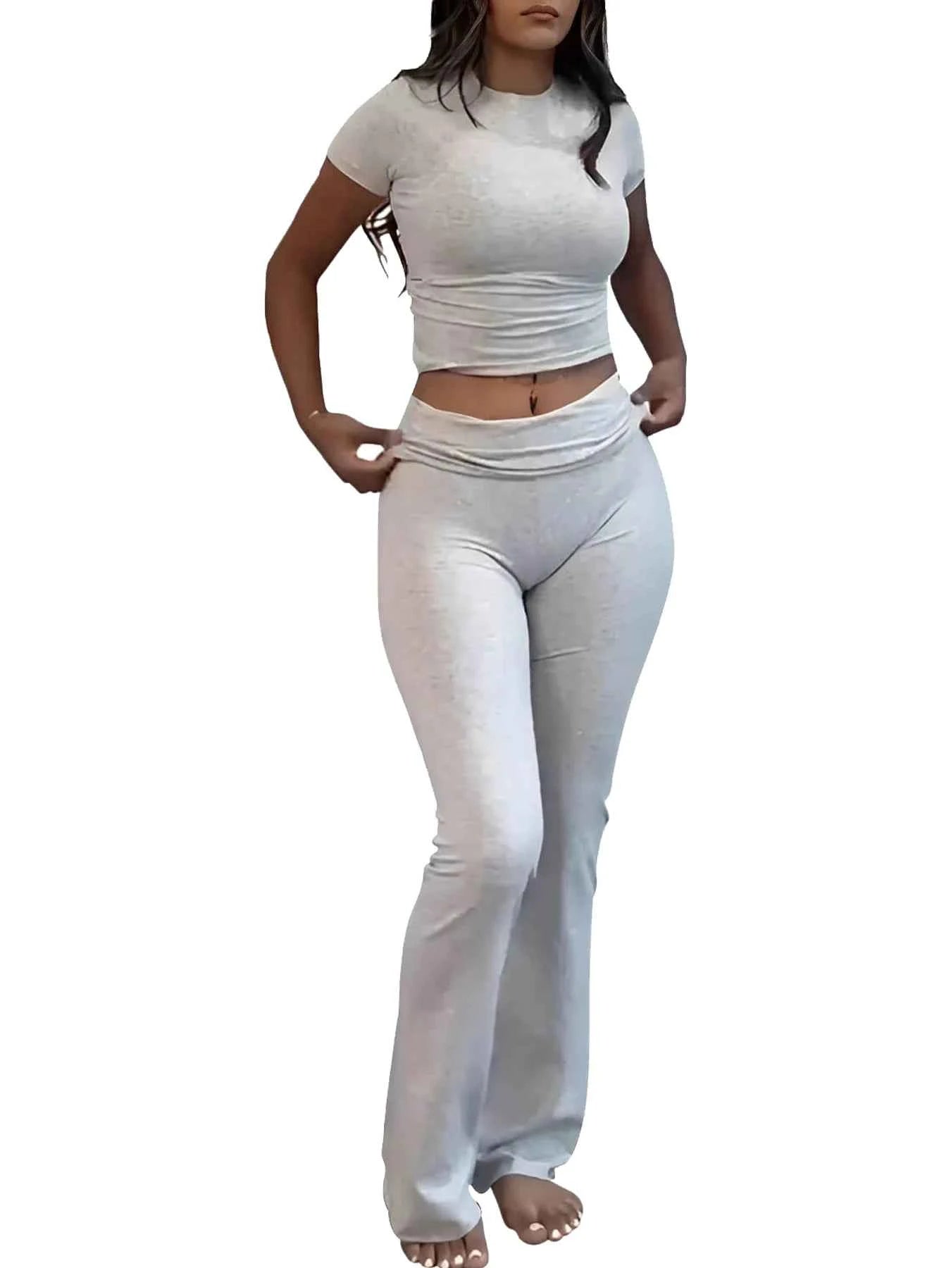 Premium Elite Casual Chic Women's Workout Set - Short Sleeve Crop Top & High Waist Flare Pants