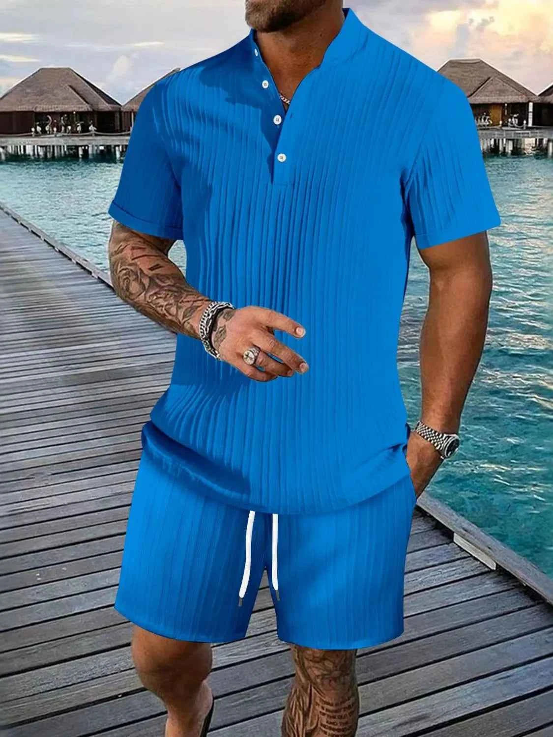 Men's Full Size Button Detail Short Sleeve Top and Shorts Set Plus Size