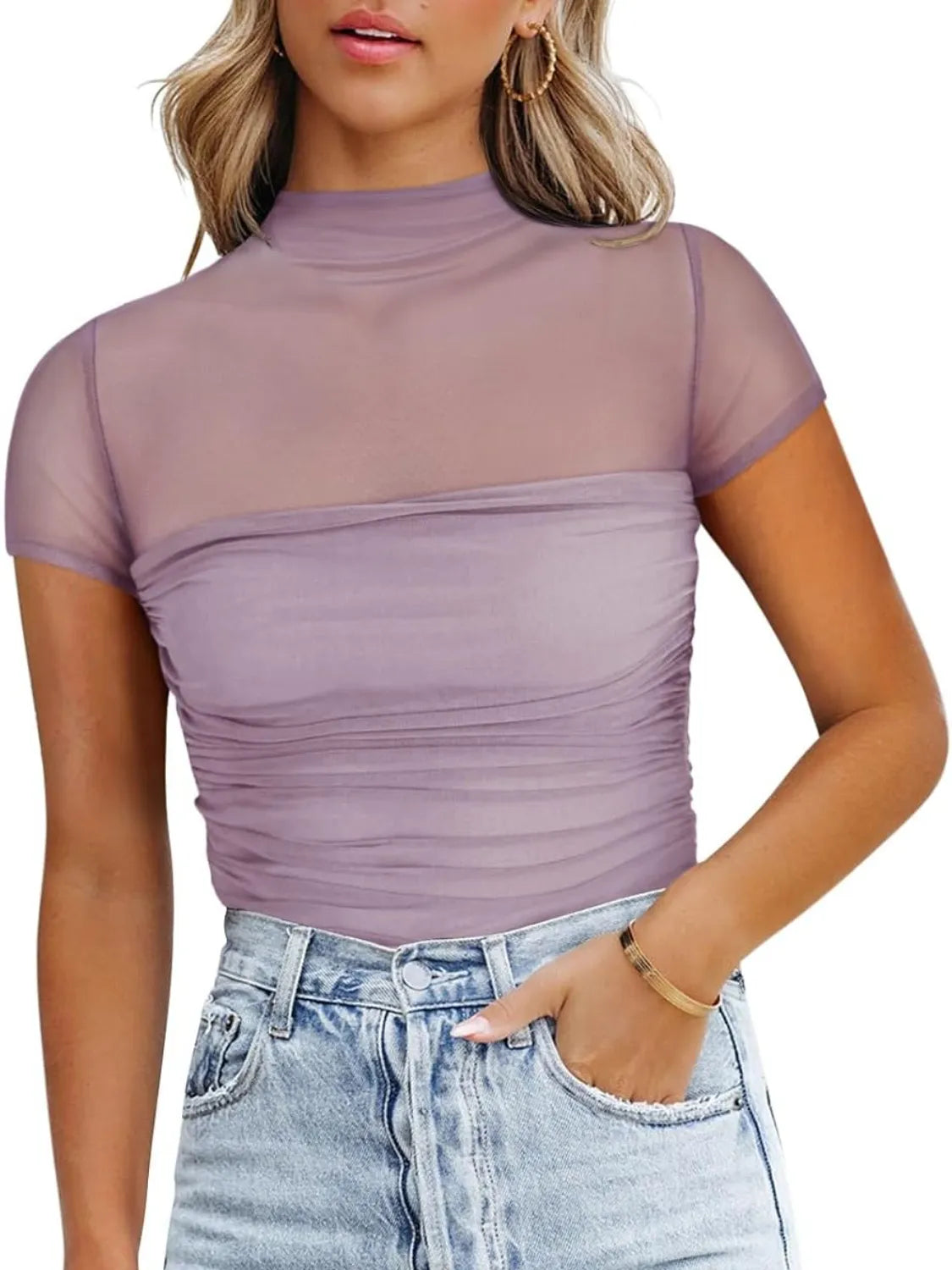 Mesh Mock Neck Short Sleeve T-Shirt