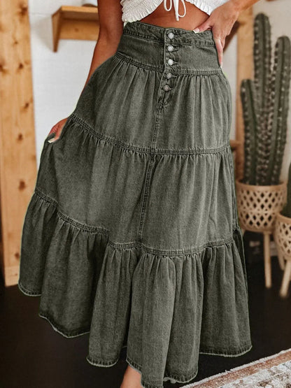 Ruched Button Fly Denim Skirt