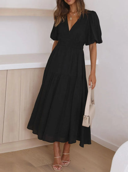 V-Neck Puff Sleeve Midi Dress Black