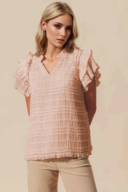 Oh Full Size Frill Notched Flounce Sleeve Blouse Dust Storm