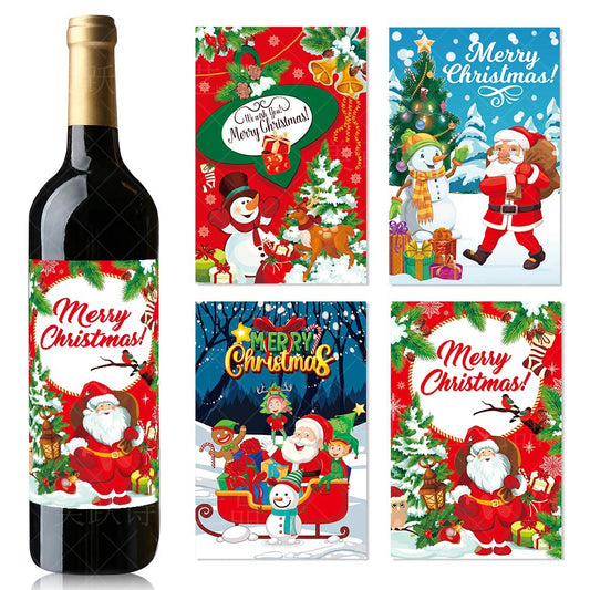 Collection of Christmas wine bottle stickers featuring festive designs and cheerful messages