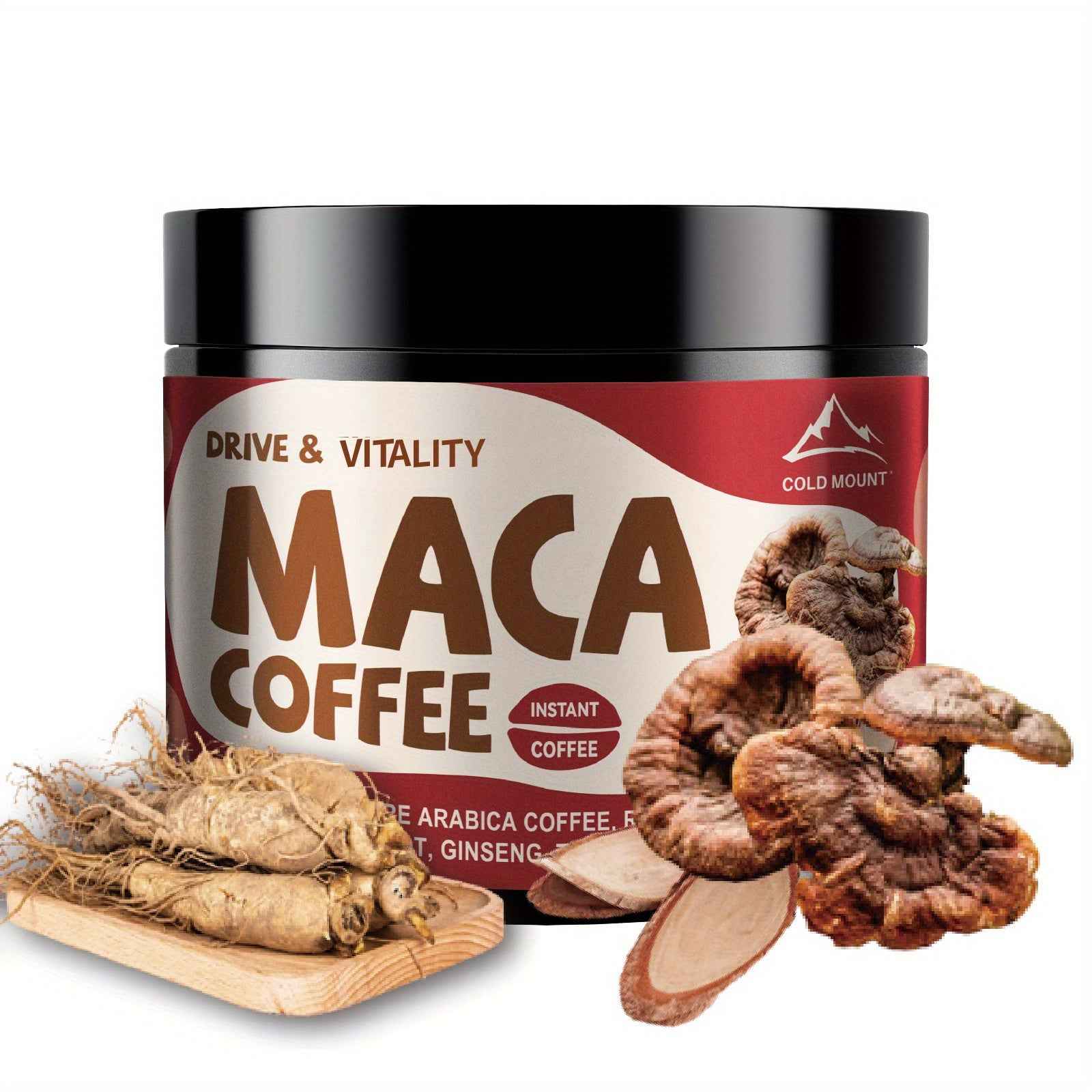Maca root coffee blend jar featuring instant coffee with ginseng and natural herbs for energy and vitality